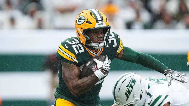 Green Bay Packers running back MarShawn Lloyd (32) runs with the ball as the New York Jets defend during a game at MetLife Stadium, Sep 20, 2026, East Rutherford, NJ, USA.