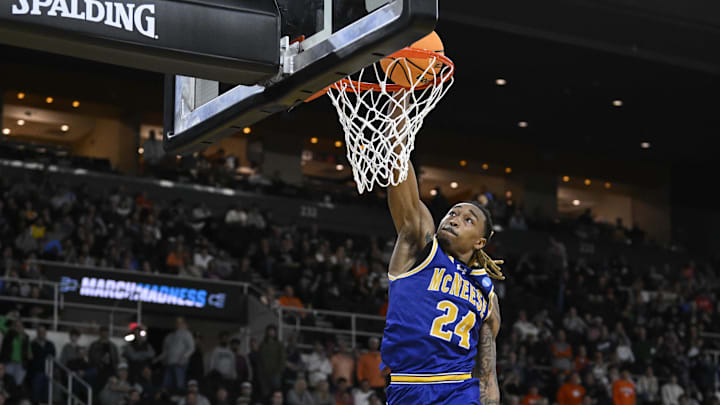 McNeese State forward Christian Shumate dunks against Clemson in the first round of the NCAA tournament.