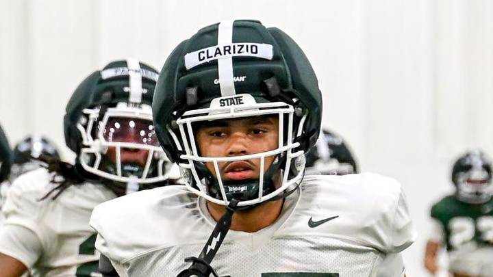 Michigan State's Jace Clarizio warms up during spring football practice on Tuesday, April 14, 2026, in East Lansing. Michigan State's Jace Clarizio warms up during spring football practice on Tuesday, April 14, 2026, in East Lansing.