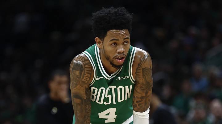 Oct 22, 2025; Boston, Massachusetts, USA; Boston Celtics guard Anfernee Simons (4) during the second quarter against the Philadelphia 76ers at TD Garden. Mandatory Credit: Winslow Townson-Imagn Images