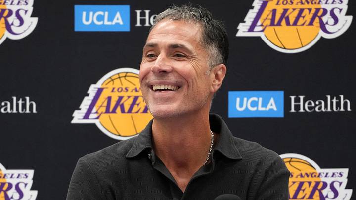 Sep 25, 2024; El Segundo, CA, USA; Los Angeles Lakers general manager Rob Pelinka at press conference at UCLA Health Training Center. Mandatory Credit: Kirby Lee-Imagn Images