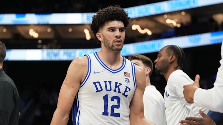 Mar 13, 2026; Charlotte, NC, USA; Duke Blue Devils forward Cameron Boozer (12) comes to the bench in the second half at Spectrum Center. Mandatory Credit: Bob Donnan-Imagn Images Mar 13, 2026; Charlotte, NC, USA; Duke Blue Devils forward Cameron Boozer (12) comes to the bench in the second half at Spectrum Center. Mandatory Credit: Bob Donnan-Imagn Images