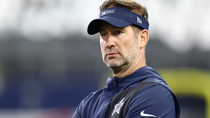 Dallas Cowboys head coach Brian Schottenheimer looks on during warmups before the game against the New York Giants at AT&T Stadium.