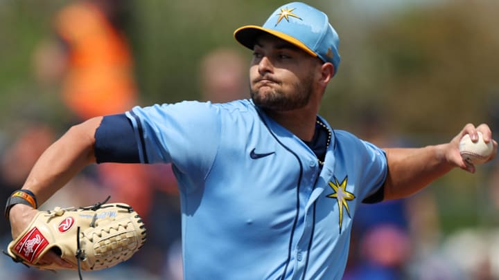 Mar 1, 2025; Port Charlotte, Florida, USA; Tampa Bay Rays pitcher Shane McClanahan (18) throws a pitch against the New York Mets in the first inning during spring training at Charlotte Sports Park. Mar 1, 2025; Port Charlotte, Florida, USA; Tampa Bay Rays pitcher Shane McClanahan (18) throws a pitch against the New York Mets in the first inning during spring training at Charlotte Sports Park.