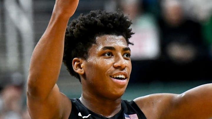Michigan State's Jeremy Fears Jr. celebrates after his assist to Kur Teng during the second half in the game against USC on Monday, Jan. 5, 2026, at the Breslin Center in East Lansing.