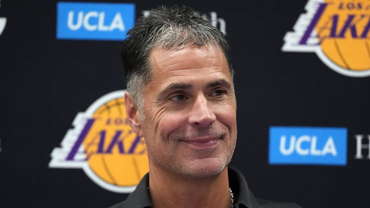 Sep 25, 2024; El Segundo, CA, USA; Los Angeles Lakers general manager Rob Pelinka at press conference at UCLA Health Training Center. Mandatory Credit: Kirby Lee-Imagn Images