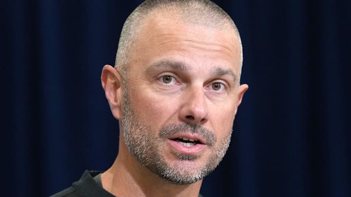 Feb 24, 2026; Indianapolis, IN, USA; Las Vegas Raiders general manager John Spytek speaks at the NFL Scouting Combine at the Indiana Convention Center. Mandatory Credit: Kirby Lee-Imagn Images