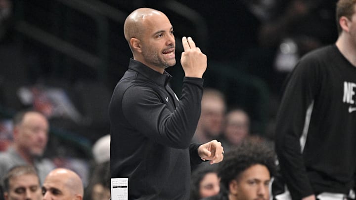 Dec 12, 2025; Dallas, Texas, USA; Brooklyn Nets head coach Jordi Fernandez motions to his team during the first quarter against the Dallas Mavericks at the American Airlines Center. Mandatory Credit: Jerome Miron-Imagn Images