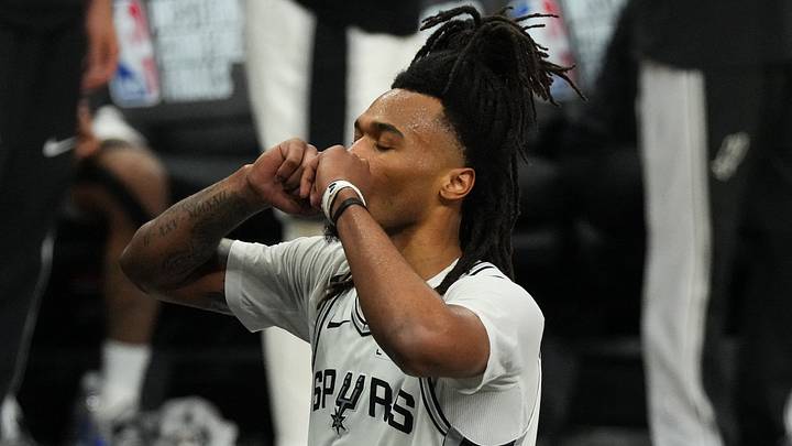 May 24, 2026; San Antonio, Texas, USA; San Antonio Spurs guard Stephon Castle (5) reacts in the third quarter against the Oklahoma City Thunder during game four of the western conference finals for the 2026 NBA playoffs at Frost Bank Center. Mandatory Credit: Scott Wachter-Imagn Images