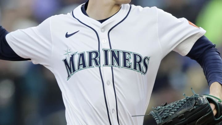 Oct 15, 2025; Seattle, Washington, USA; Seattle Mariners pitcher George Kirby (68) throws in the first inning during game three of the ALCS round for the 2025 MLB playoffs at T-Mobile Park. Mandatory Credit: John Froschauer-Imagn Images