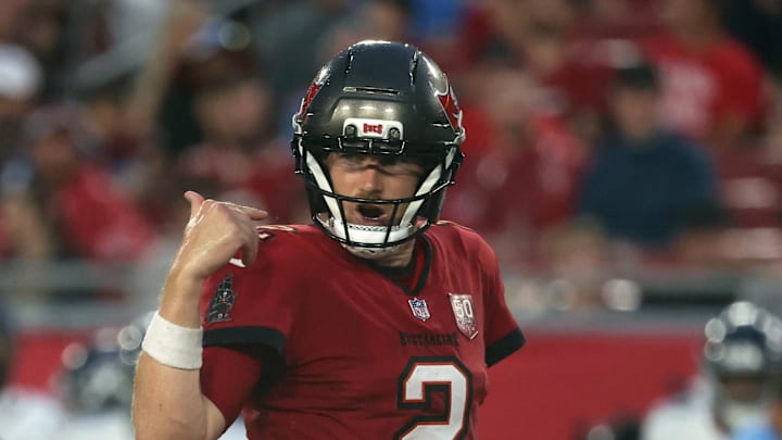 Tampa Bay Buccaneers quarterback Kyle Trask calls a play against the Tennessee Titans.