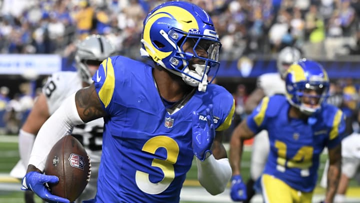 Oct 20, 2024; Inglewood, California, USA; Los Angeles Rams safety Kamren Curl (3) picks up a fumble by Las Vegas Raiders quarterback Gardner Minshew (not pictured)  in the second quarter at SoFi Stadium and runs it back for a touchdown. Mandatory Credit: Robert Hanashiro-Imagn Images