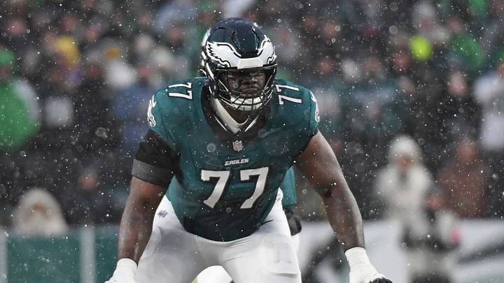 Jan 19, 2025; Philadelphia, Pennsylvania, USA; Philadelphia Eagles offensive tackle Mekhi Becton (77) against the Philadelphia Eagles in a 2025 NFC divisional round game at Lincoln Financial Field. Mandatory Credit: Eric Hartline-Imagn Images Jan 19, 2025; Philadelphia, Pennsylvania, USA; Philadelphia Eagles offensive tackle Mekhi Becton (77) against the Philadelphia Eagles in a 2025 NFC divisional round game at Lincoln Financial Field. Mandatory Credit: Eric Hartline-Imagn Images