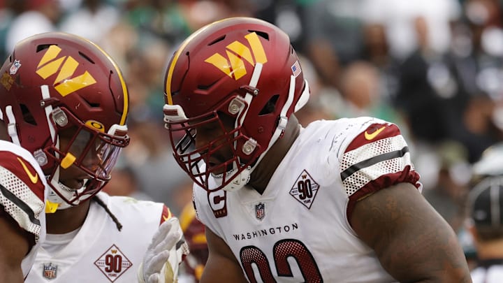 Sep 25, 2022; Landover, Maryland, USA; Washington Commanders defensive tackle Daron Payne (94) celebrates with Commanders defensive tackle Jonathan Allen (93) after a safety against the Philadelphia Eagles at FedExField. Mandatory Credit: Geoff Burke-USA TODAY Sports Sep 25, 2022; Landover, Maryland, USA; Washington Commanders defensive tackle Daron Payne (94) celebrates with Commanders defensive tackle Jonathan Allen (93) after a safety against the Philadelphia Eagles at FedExField. Mandatory Credit: Geoff Burke-USA TODAY Sports