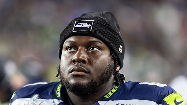 Seattle Seahawks guard Christian Haynes during Super Bowl LX