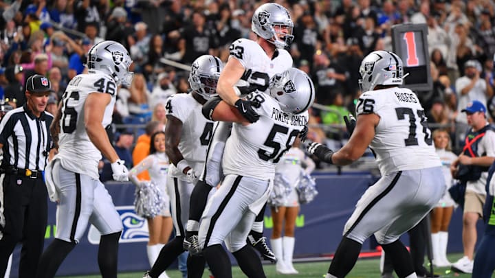 Aug 7, 2025; Seattle, Washington, USA; Las Vegas Raiders center Jackson Powers-Johnson (58) celebrates with running back Dylan Laube (23) after Laube scored a touchdown against the Seattle Seahawks during the second half at Lumen Field. Mandatory Credit: Steven Bisig-Imagn Images Aug 7, 2025; Seattle, Washington, USA; Las Vegas Raiders center Jackson Powers-Johnson (58) celebrates with running back Dylan Laube (23) after Laube scored a touchdown against the Seattle Seahawks during the second half at Lumen Field. Mandatory Credit: Steven Bisig-Imagn Images