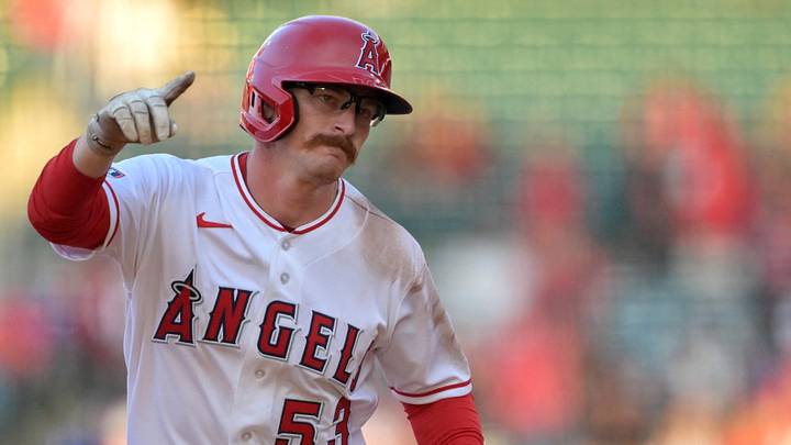Angels left fielder Wade Meckler (53) rounds the bases on a three-run home run during the second inning against the Texas Rangers at Angel Stadium on May 22, 2026.