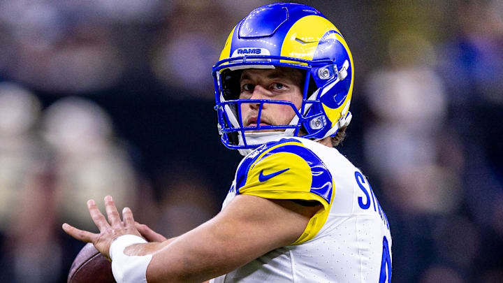 Dec 1, 2024; New Orleans, Louisiana, USA; Los Angeles Rams quarterback Matthew Stafford (9) during warms up against the New Orleans Saints at Caesars Superdome. Mandatory Credit: Stephen Lew-Imagn Images Dec 1, 2024; New Orleans, Louisiana, USA; Los Angeles Rams quarterback Matthew Stafford (9) during warms up against the New Orleans Saints at Caesars Superdome. Mandatory Credit: Stephen Lew-Imagn Images