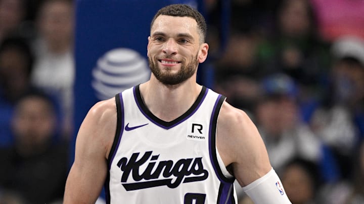 Feb 10, 2025; Dallas, Texas, USA; Sacramento Kings guard Zach LaVine (8) looks on during the first quarter against the Dallas Mavericks at the American Airlines Center. Mandatory Credit: Jerome Miron-Imagn Images