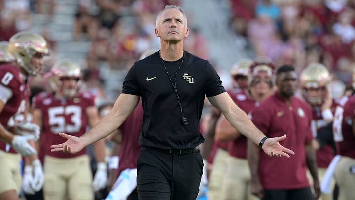 Sep 7, 2026; Tallahassee, Florida, USA;  Florida State Seminoles head coach Mike Norvell enters the field before the game against the Southern Methodist Mustangs at Doak S. Campbell Stadium.  Mandatory Credit: Melina Myers-Imagn Images