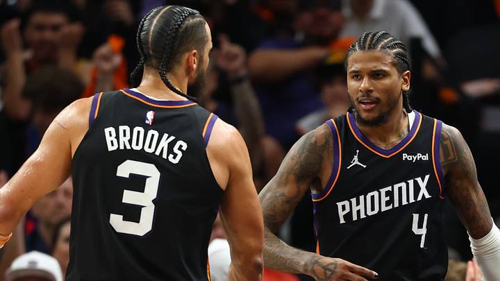 Apr 27, 2026; Phoenix, Arizona, USA; Phoenix Suns forward Dillon Brooks (3) celebrates with guard Jalen Green (4) against the Oklahoma City Thunder during game four of the first round of the 2026 NBA Playoffs at Mortgage Matchup Center. Mandatory Credit: Mark J. Rebilas-Imagn Images Apr 27, 2026; Phoenix, Arizona, USA; Phoenix Suns forward Dillon Brooks (3) celebrates with guard Jalen Green (4) against the Oklahoma City Thunder during game four of the first round of the 2026 NBA Playoffs at Mortgage Matchup Center. Mandatory Credit: Mark J. Rebilas-Imagn Images