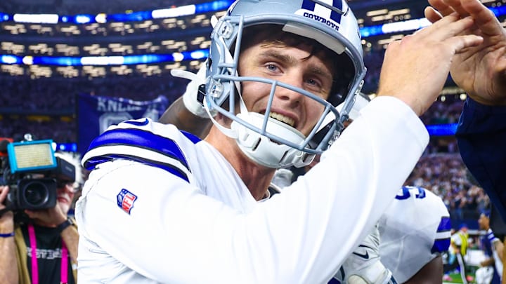 Dallas Cowboys kicker Brandon Aubrey celebrates after kicking the game winning field goal against the Philadelphia Eagles. Dallas Cowboys kicker Brandon Aubrey celebrates after kicking the game winning field goal against the Philadelphia Eagles.