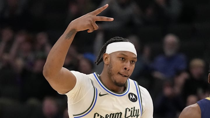 Feb 4, 2026; Milwaukee, Wisconsin, USA;  Milwaukee Bucks center Myles Turner (3) celebrates after scoring a basket during overtime against the New Orleans Pelicans at Fiserv Forum. Mandatory Credit: Jeff Hanisch-Imagn Images