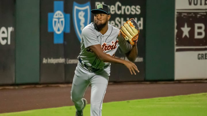 Detroit Tigers right-hander Dylan Smith warms up before pitching for the Salt River Rafters in the Arizona Fall League on November 3, 2023 in Surprise, Arizona.