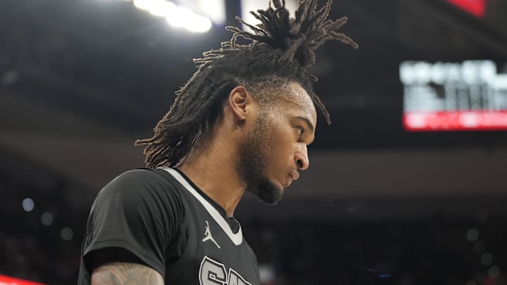 Dec 5, 2024; San Antonio, Texas, USA; San Antonio Spurs guard Stephon Castle (5) after being fouled during the second half at Frost Bank Center. Mandatory Credit: Scott Wachter-Imagn Images Dec 5, 2024; San Antonio, Texas, USA; San Antonio Spurs guard Stephon Castle (5) after being fouled during the second half at Frost Bank Center. Mandatory Credit: Scott Wachter-Imagn Images