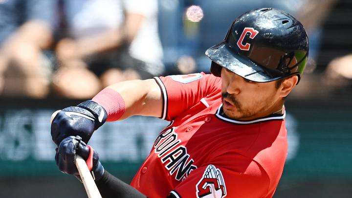 Jul 23, 2026; Cleveland, Ohio, USA; Cleveland Guardians left fielder Steven Kwan (38) hits a single during the third inning against the Minnesota Twins at Progressive Field. Mandatory Credit: Ken Blaze-Imagn Images