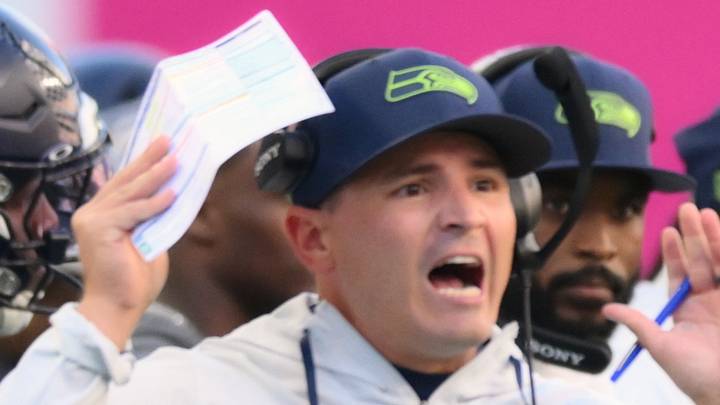 Seattle Seahawks head coach Mike Macdonald reacts after a play