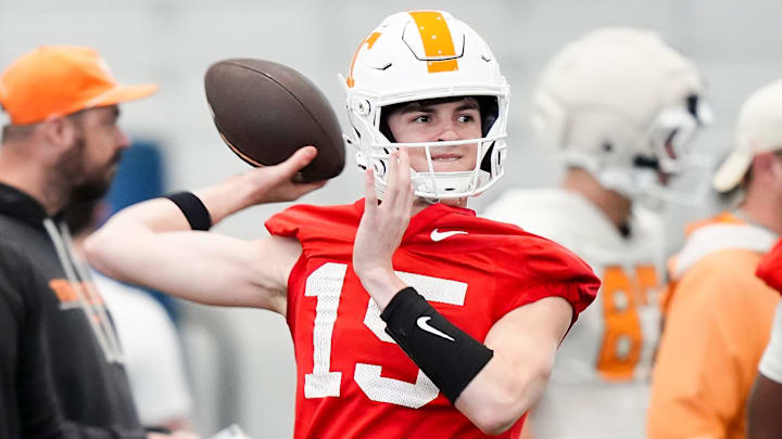 Tennessee quarterback George MacIntyre (15) during the Vols' spring football practice in Knoxville on March 17, 2026. Tennessee quarterback George MacIntyre (15) during the Vols' spring football practice in Knoxville on March 17, 2026.