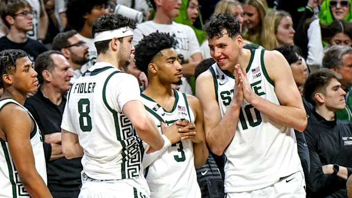 Michigan State's bench, from left, Tre Holloman, Jaxon Kohler, Jeremy Fears Jr., Frankie Fidler, Jaden Akins and Szymon Zapala look on late during the second half in the game against Minnesota on Tuesday, Jan. 28, 2025, at the Breslin Center in East Lansing.