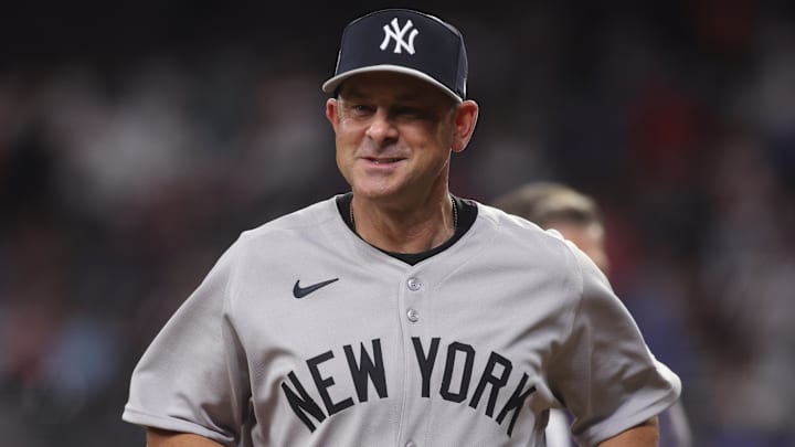 Jul 15, 2025; Cumberland, Georgia, USA; American League manager Aaron Boone (17) of the New York Yankees reacts after the ninth inning during the 2025 MLB All Star Game at Truist Park. Mandatory Credit: Brett Davis-Imagn Images
