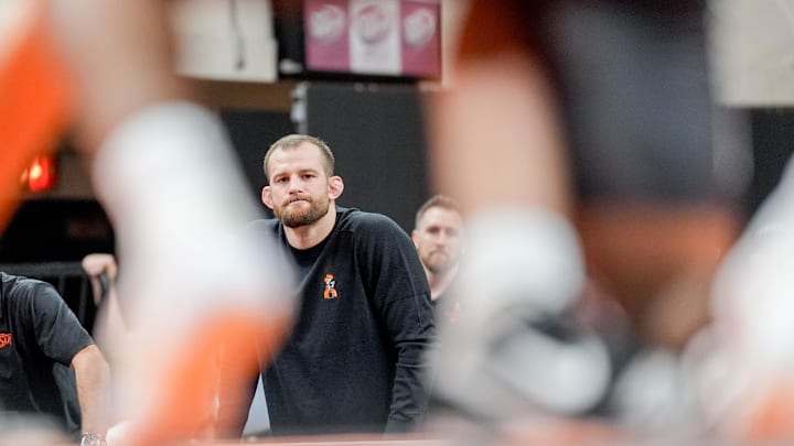 Oklahoma State’s head coach David Taylor stands on the side of the mat during an NCAA wrestling meet between Oklahoma State and Missouri at Gallagher-Iba Arena in Stillwater, Okla., on Sunday, Feb. 2, 2025. Oklahoma State’s head coach David Taylor stands on the side of the mat during an NCAA wrestling meet between Oklahoma State and Missouri at Gallagher-Iba Arena in Stillwater, Okla., on Sunday, Feb. 2, 2025.