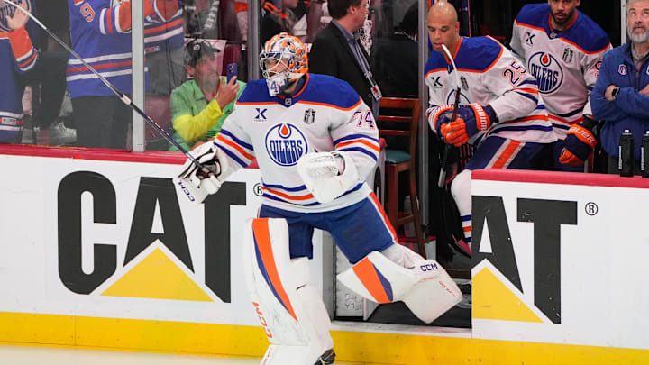 Jun 17, 2025; Sunrise, Florida, USA; Edmonton Oilers goaltender Stuart Skinner (74) leads his teammates onto the ice before game six of the 2025 Stanley Cup Final against the Florida Panthers at Amerant Bank Arena. Mandatory Credit: Jim Rassol-Imagn Images