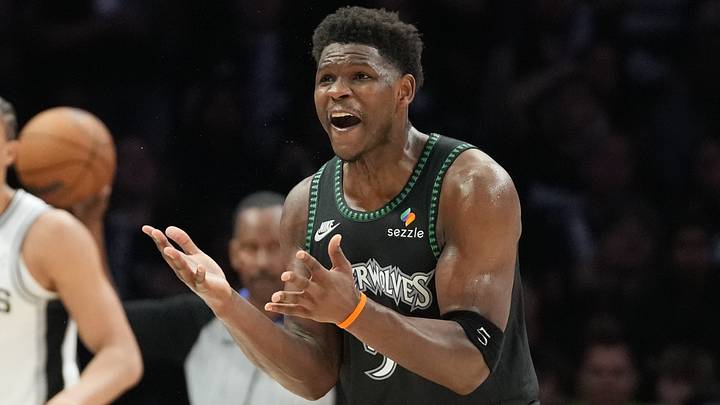 May 15, 2026; Minneapolis, Minnesota, USA; Minnesota Timberwolves guard Anthony Edwards (5) reacts to call on the court against the San Antonio Spurs in the second half during game six of the second round of the 2026 NBA Playoffs at Target Center. Mandatory Credit: Jesse Johnson-Imagn Images May 15, 2026; Minneapolis, Minnesota, USA; Minnesota Timberwolves guard Anthony Edwards (5) reacts to call on the court against the San Antonio Spurs in the second half during game six of the second round of the 2026 NBA Playoffs at Target Center. Mandatory Credit: Jesse Johnson-Imagn Images