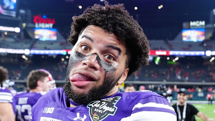 Dec 23, 2023; Las Vagas, NV, USA; Northwestern Wildcats linebacker Kenny Soares Jr. (35) celebrates after the Wildcats defeated the Utah Utes 14-7 to win the Las Vegas Bowl at Allegiant Stadium. Mandatory Credit: Stephen R. Sylvanie-Imagn Images