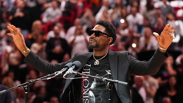 Udonis Haslem speaks at his Miami Heat jersey retirement ceremony.