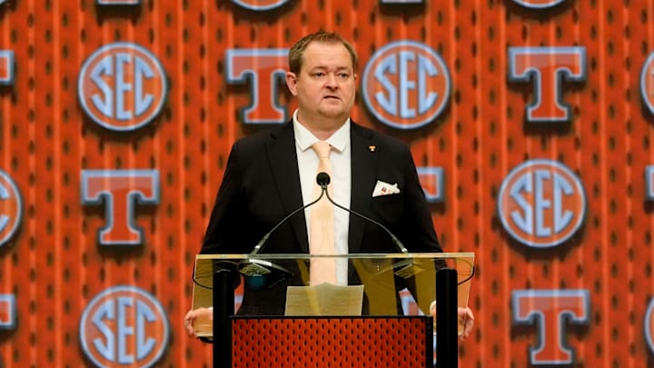 July 15, 2025; Atlanta, GA, USA; Tennessee head coach Josh Heupel speaks in the Main Media Room during SEC Media Days at the College Football Hall of Fame in Atlanta.
