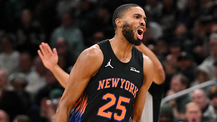 Dec 2, 2025; Boston, Massachusetts, USA; New York Knicks guard Mikal Bridges (25) reacts after making a three-point basket against the Boston Celtics during the second half at the TD Garden. Mandatory Credit: Brian Fluharty-Imagn Images Dec 2, 2025; Boston, Massachusetts, USA; New York Knicks guard Mikal Bridges (25) reacts after making a three-point basket against the Boston Celtics during the second half at the TD Garden. Mandatory Credit: Brian Fluharty-Imagn Images