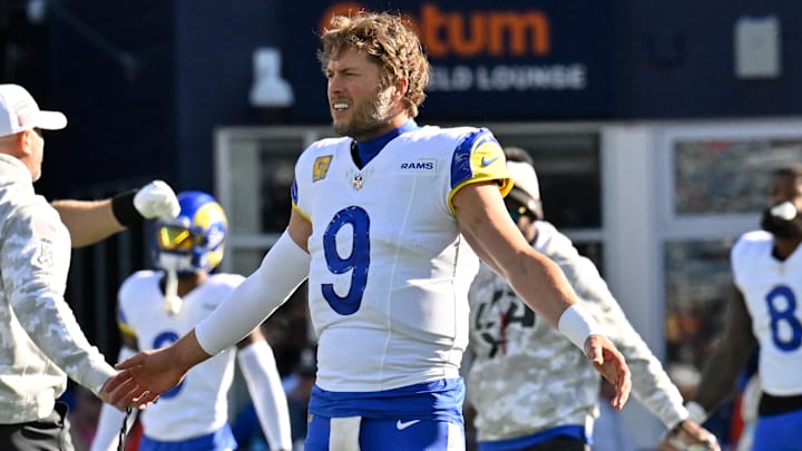 Nov 17, 2024; Foxborough, Massachusetts, USA;  Los Angeles Rams quarterback Matthew Stafford (9) warms up before a game against the New England Patriots at Gillette Stadium. Mandatory Credit: Eric Canha-Imagn Images