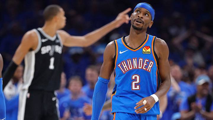 May 30, 2026; Oklahoma City, Oklahoma, USA; Oklahoma City Thunder guard Shai Gilgeous-Alexander (2) reacts in the second quarter against the San Antonio Spurs during game seven of the western conference finals for the 2026 NBA playoffs at Paycom Center. Mandatory Credit: Alonzo Adams-Imagn Images May 30, 2026; Oklahoma City, Oklahoma, USA; Oklahoma City Thunder guard Shai Gilgeous-Alexander (2) reacts in the second quarter against the San Antonio Spurs during game seven of the western conference finals for the 2026 NBA playoffs at Paycom Center. Mandatory Credit: Alonzo Adams-Imagn Images