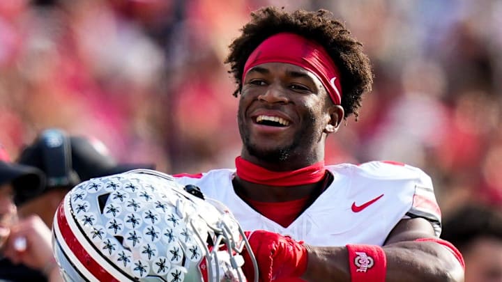 Ohio State Buckeyes defensive back Caleb Downs (2) reacts in the second half at Camp Randall Stadium on Saturday, Oct. 18, 2025 in Madison, Wisconsin.