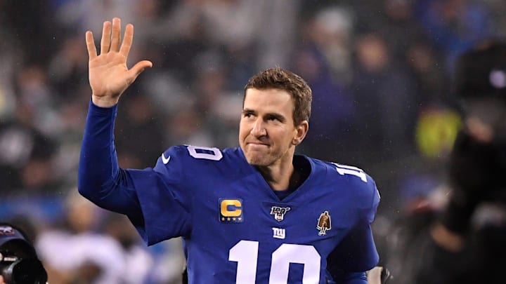 New York Giants quarterback Eli Manning (10) waves to the fans as he exits the field at MetLife Stadium for possibly the last time in his career. The Eagles defeat the Giants, 34-17, on Sunday, Dec. 29, 2019, in East Rutherford. 