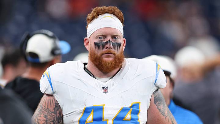 Aug 13, 2026; Houston, Texas, USA;  Los Angeles Chargers fullback Scott Matlock (44) on the sideline during the game against the Houston Texans at Reliant Stadium. Mandatory Credit: Troy Taormina-Imagn Images
