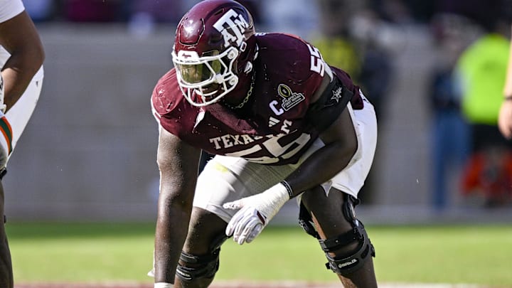 Texas A&M Aggies offensive lineman Ar'Maj Reed-Adams lines up during the game between the Aggies and the Hurricanes.
