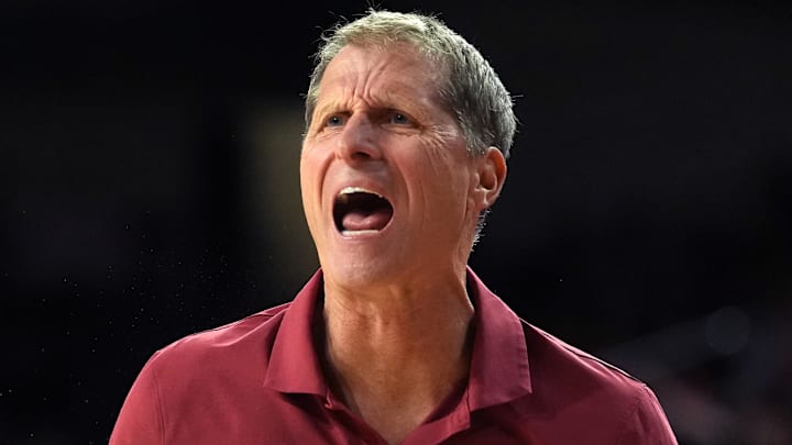 Jan 31, 2026; Los Angeles, California, USA; Southern California Trojans head coach Eric Musselman reacts against the Rutgers Scarlet Knights in the second half at Galen Center. Mandatory Credit: Kirby Lee-Imagn Images