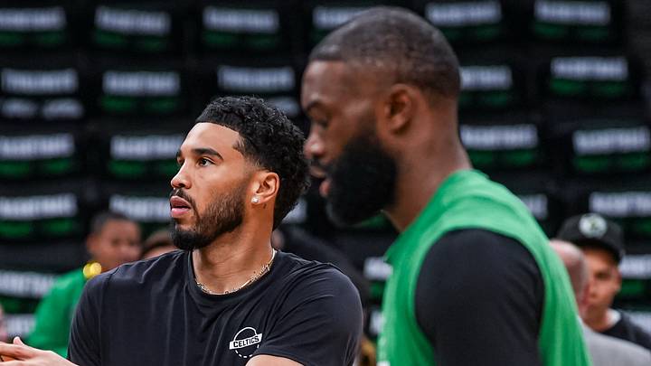 Apr 28, 2026; Boston, Massachusetts, USA; Boston Celtics forward Jayson Tatum (0) and guard Jaylen Brown (7) warm up before the start of the game against the Philadelphia 76ers in game five of the first round of the 2026 NBA Playoffs at TD Garden. Mandatory Credit: David Butler II-Imagn Images