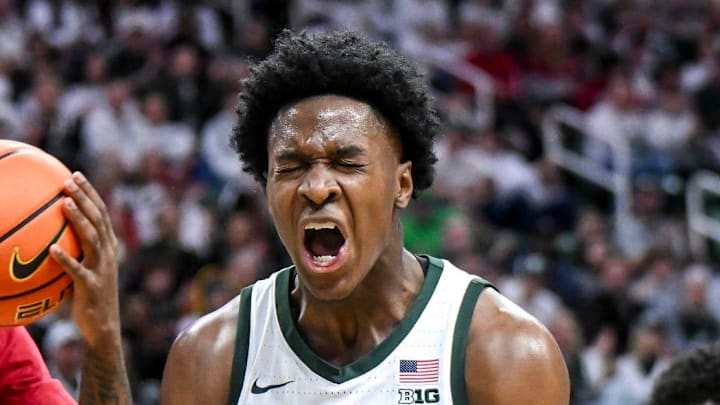 Michigan State's Cam Ward, center, celebrates after a score against Arkansas during the first half on Saturday, Nov. 8, 2025, at the Breslin Center in East Lansing.